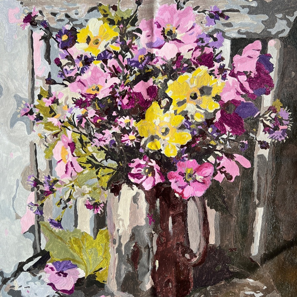 Floral Painting on a Chair with Pink and Yellow Accents